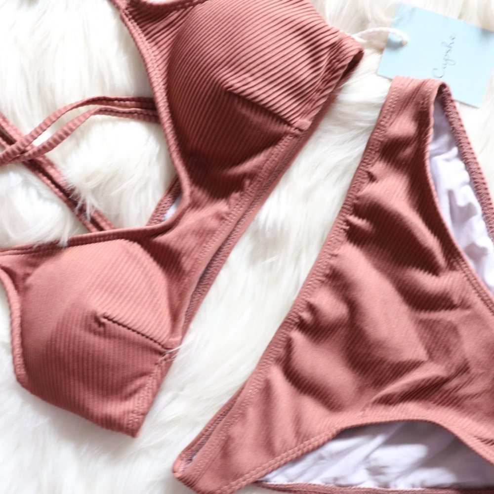 Dusty Rose Ribbed Bikini Set Size Small - Picture 2 of 7
